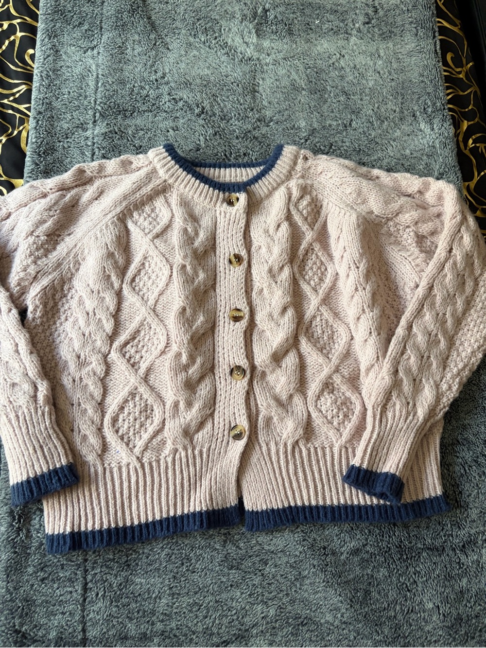 Textured light  pink Cable Knit Cardigan with Navy Trim